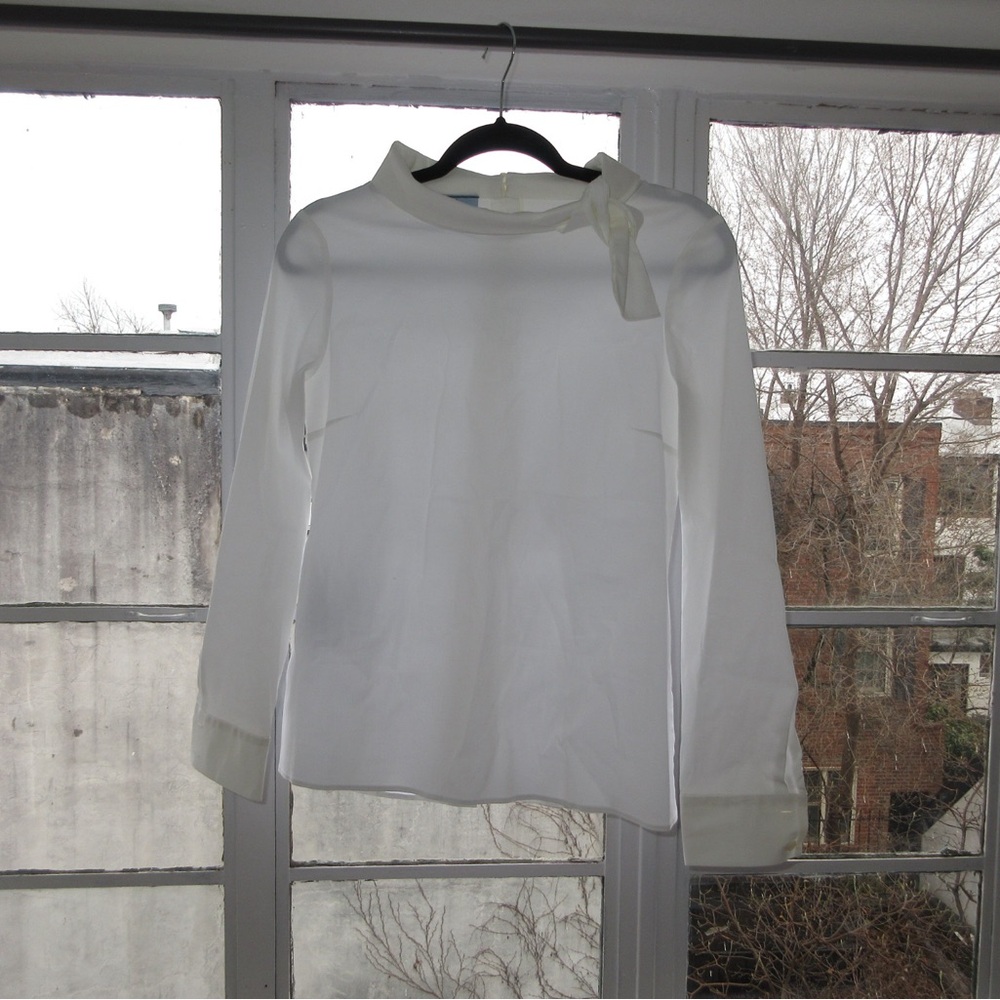 Prada Ivory Bow-Neck Long Sleeve Blouse